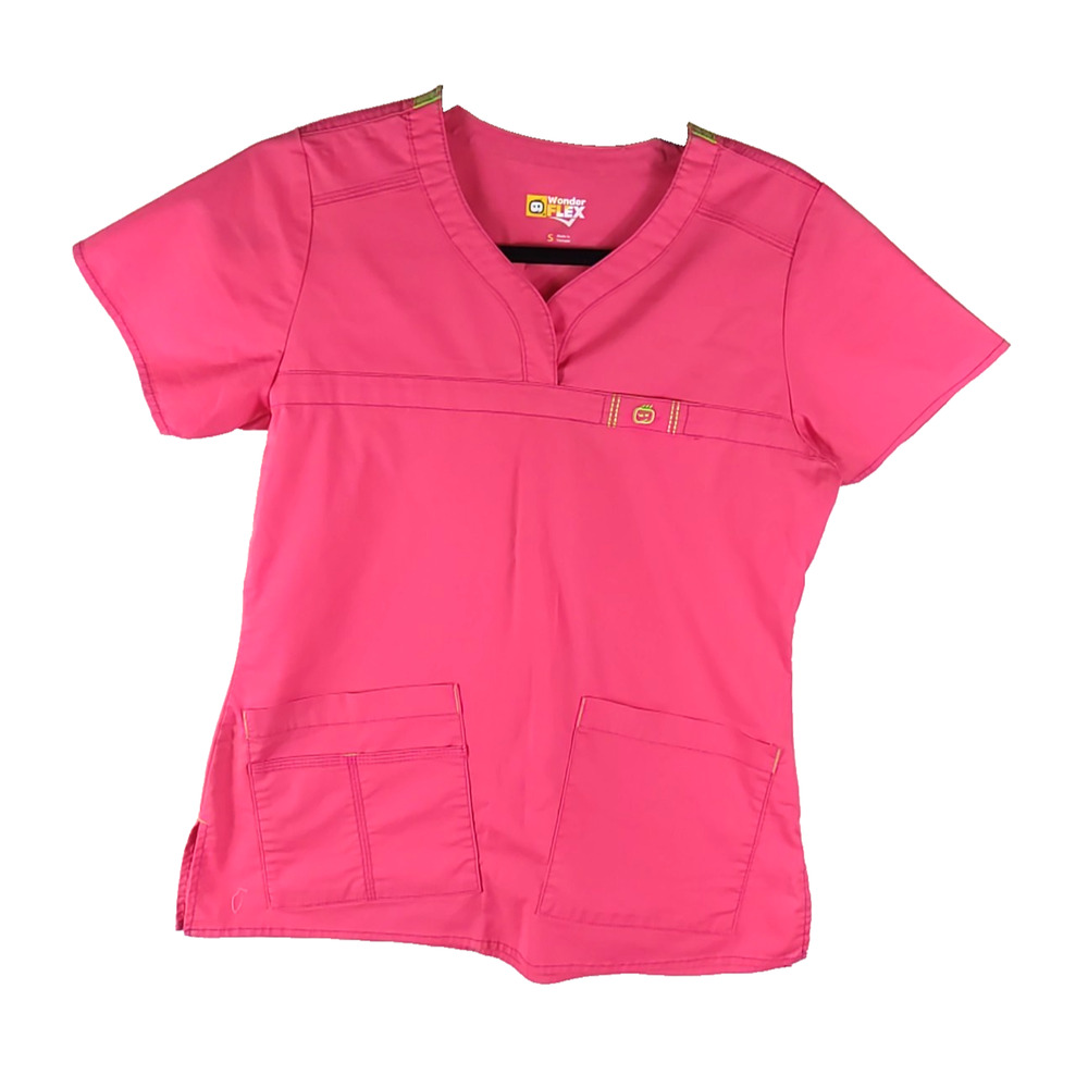 Wonder Flex Women's Scrub Top Size Small Tangerine Grey Stitching Trim V Neck